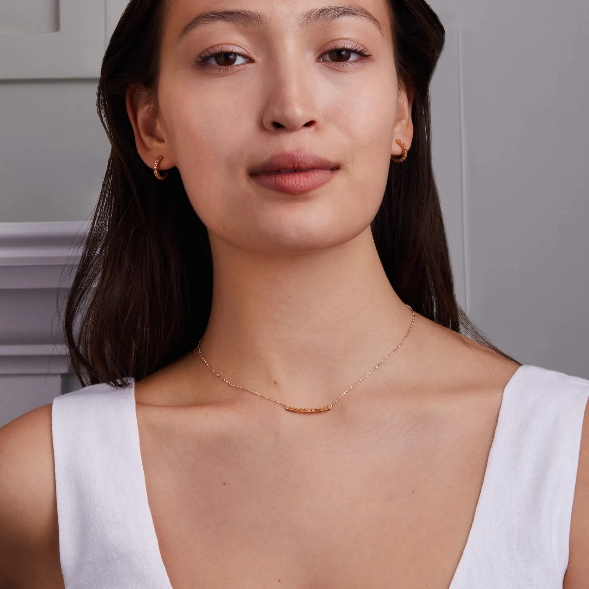 Rosecliff Citrine Bar Necklace and Huggie Hoop Earrings Set in 14k Gold (November) - Image 2