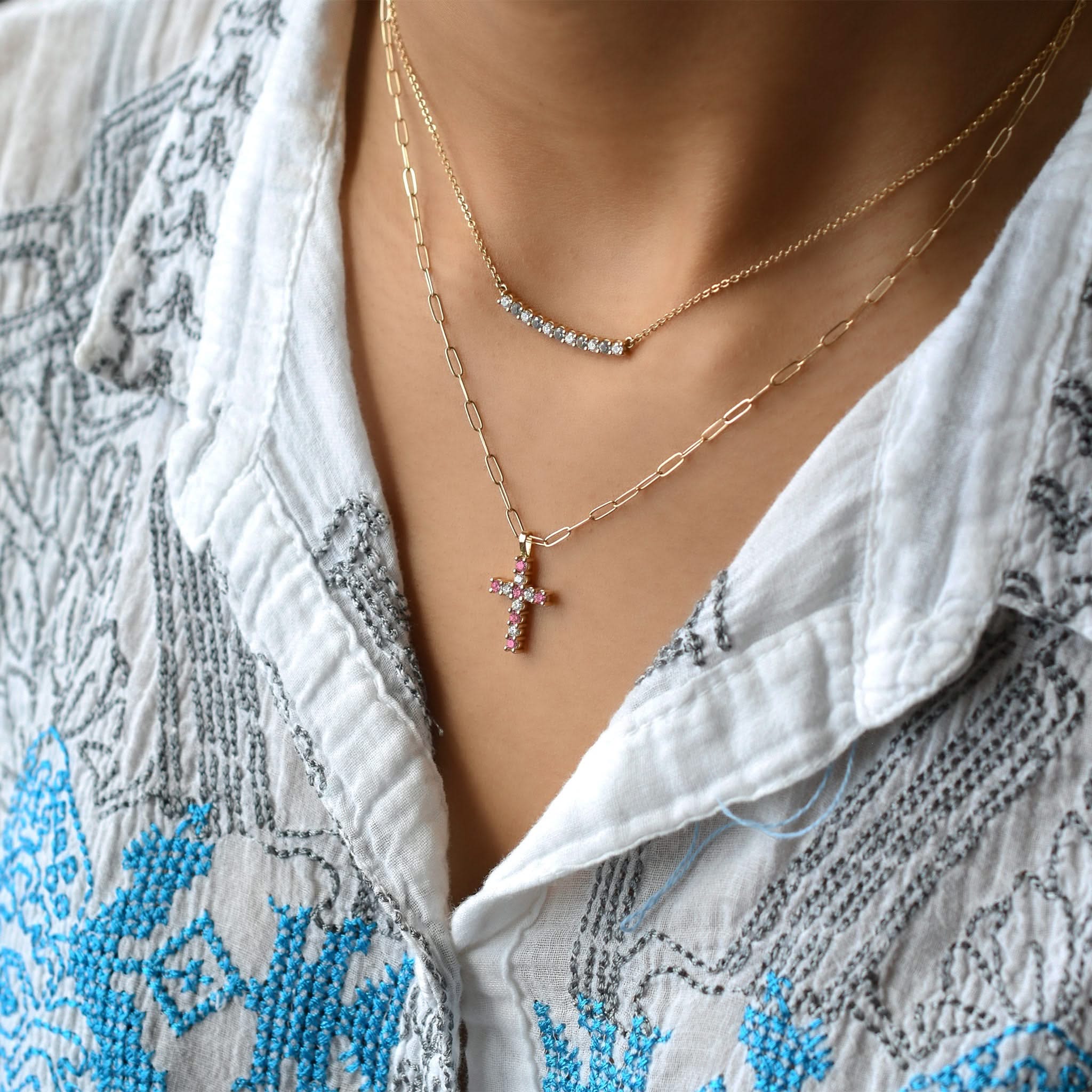 Rosecliff Cross Diamond & Pink Sapphire Pendant in 14k Gold (October) - Image 6