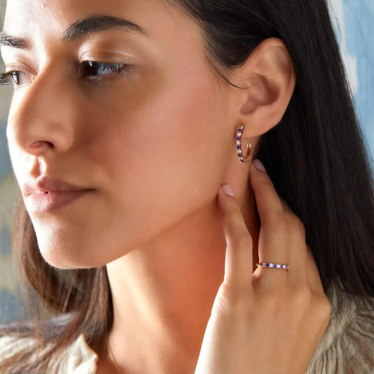 Rosecliff Diamond & Amethyst Hoop Earrings in 14k Gold (February) - Image 2