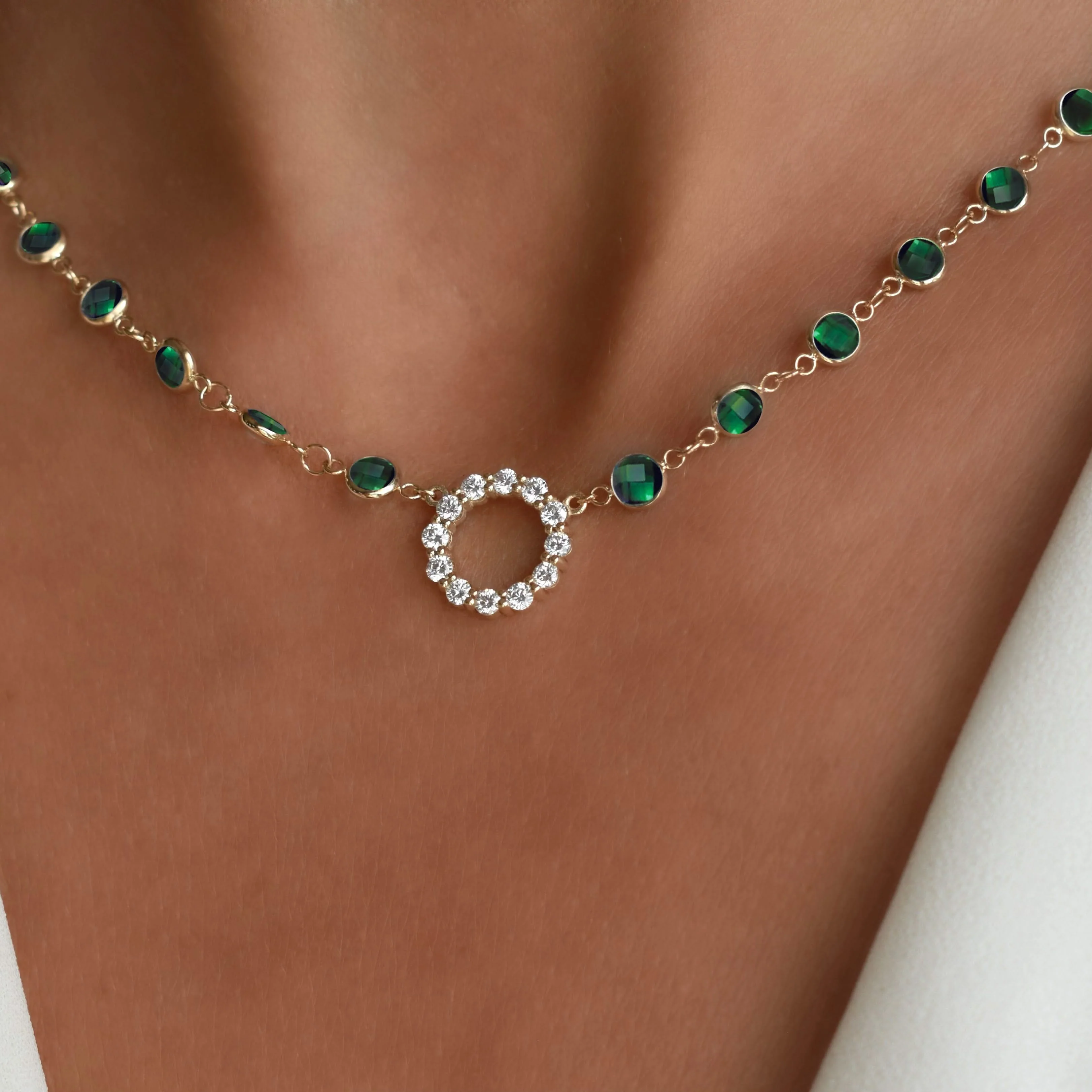 Rosecliff Diamond Small Circle & Newport Emerald Necklace in 14k Gold (May) - Image 3