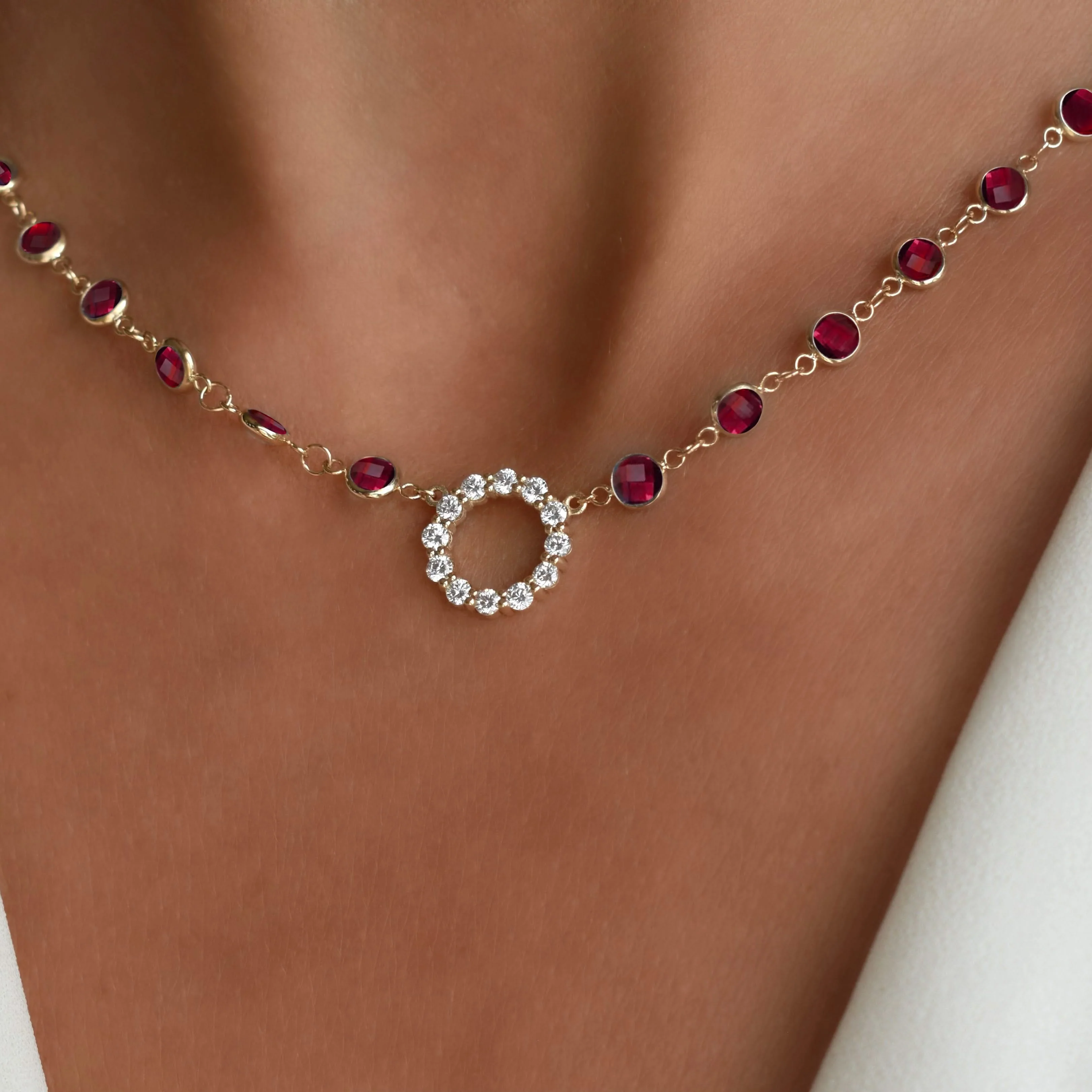 Rosecliff Diamond Small Circle & Newport Ruby Necklace in 14k Gold (July) - Image 3