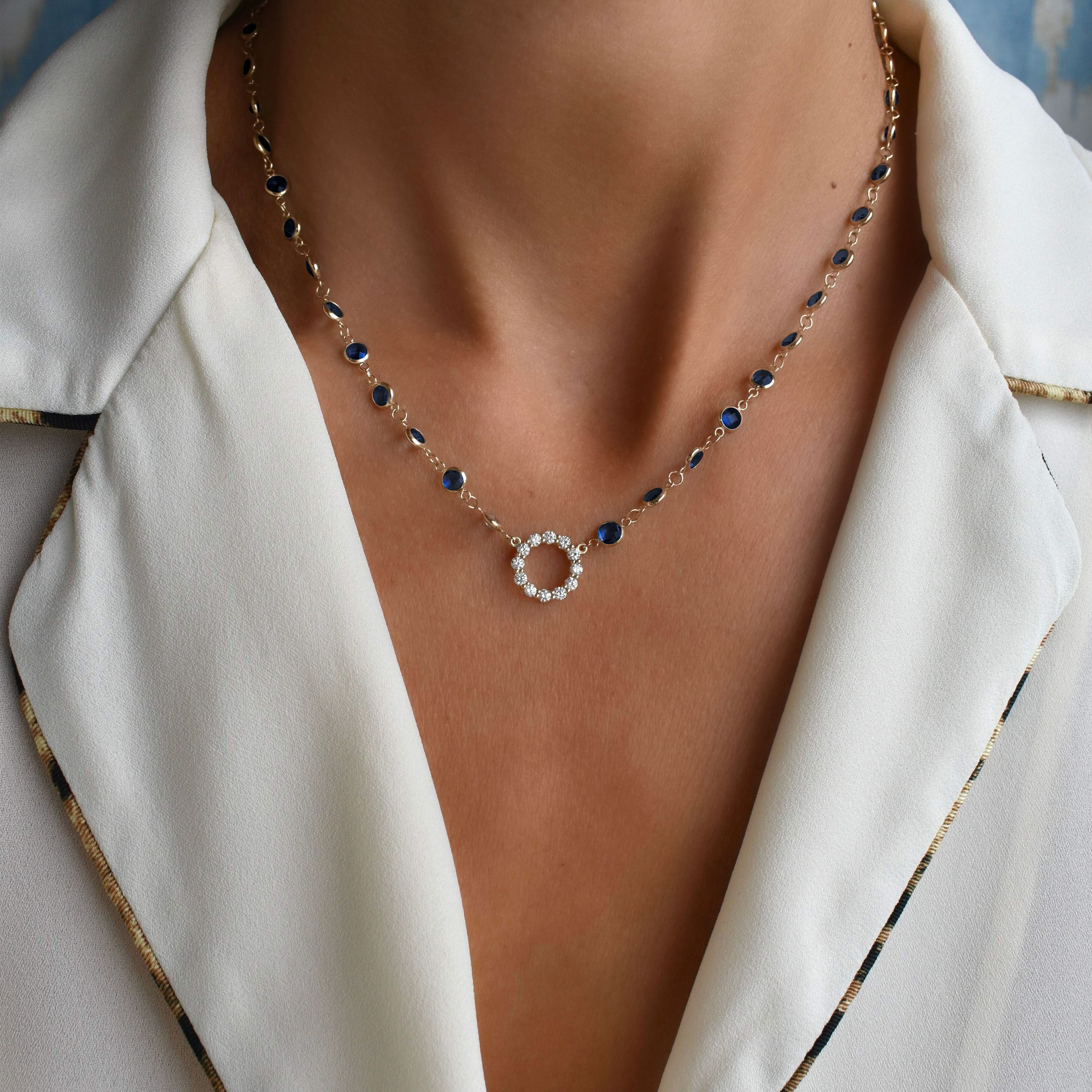 Rosecliff Diamond Small Circle & Newport Sapphire Necklace in 14k Gold (September) - Image 6