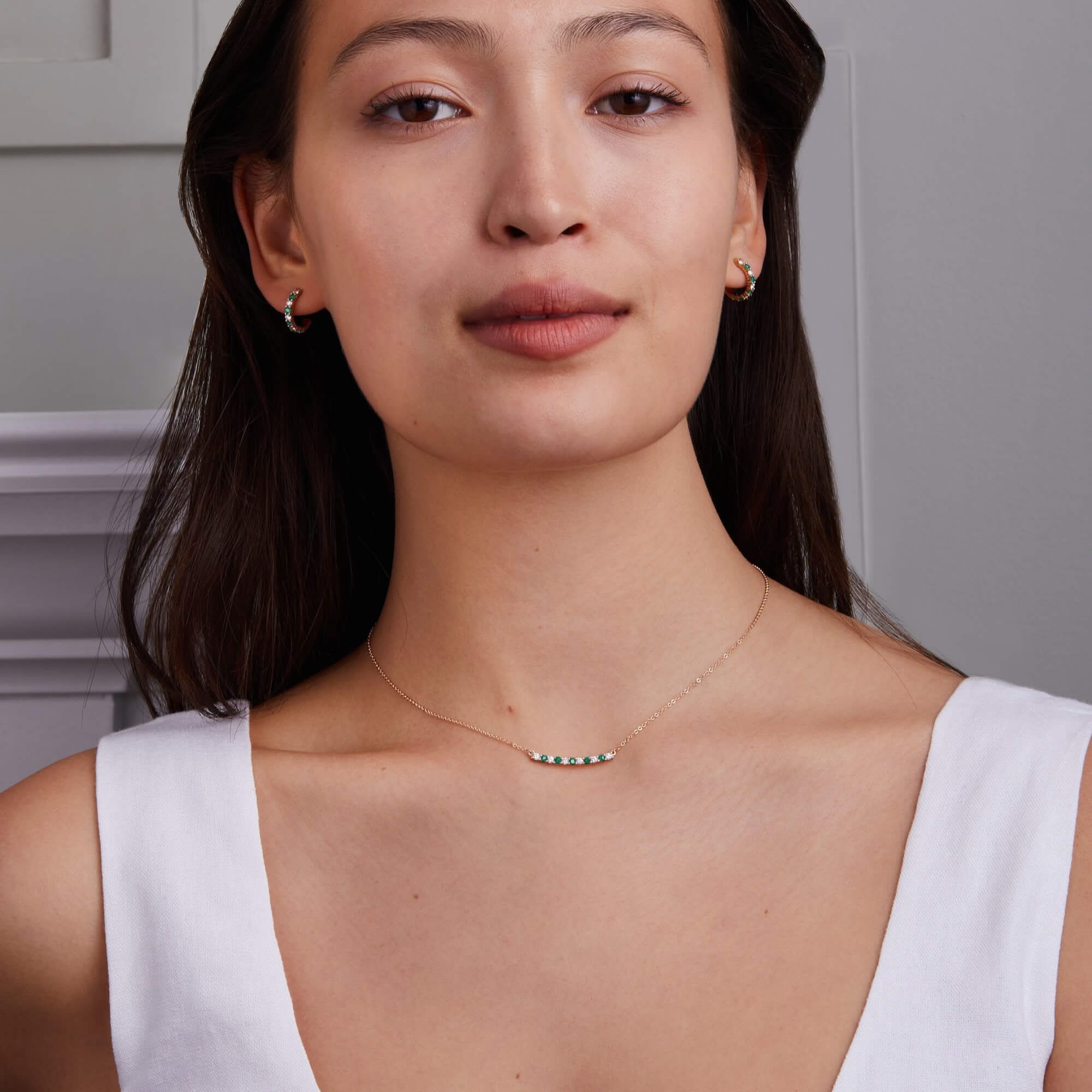 Rosecliff Diamond & Emerald Bar Necklace in 14k Gold (May) - Image 2