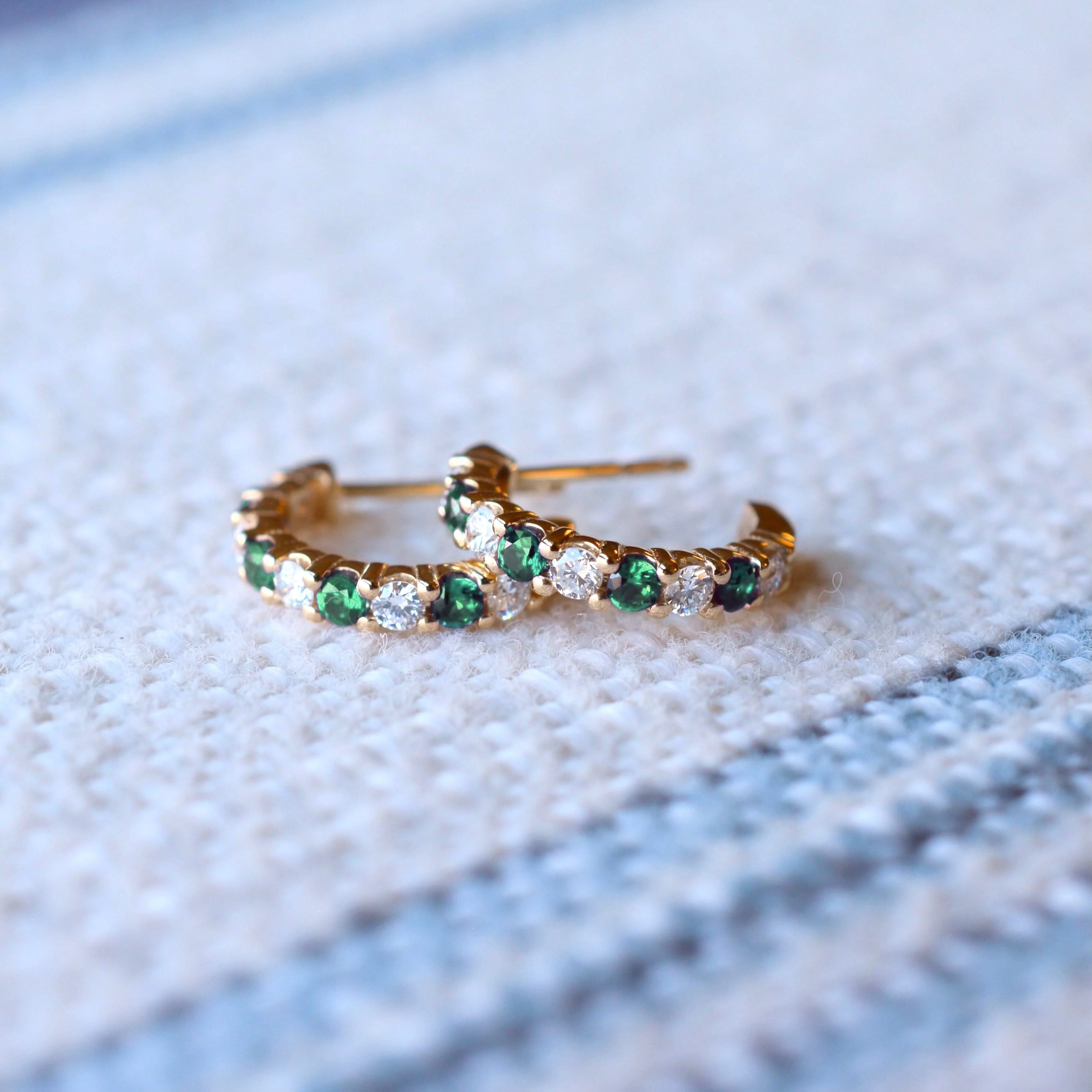 Rosecliff Diamond & Emerald Huggie Hoop Earrings in 14k Gold (May) - Image 7