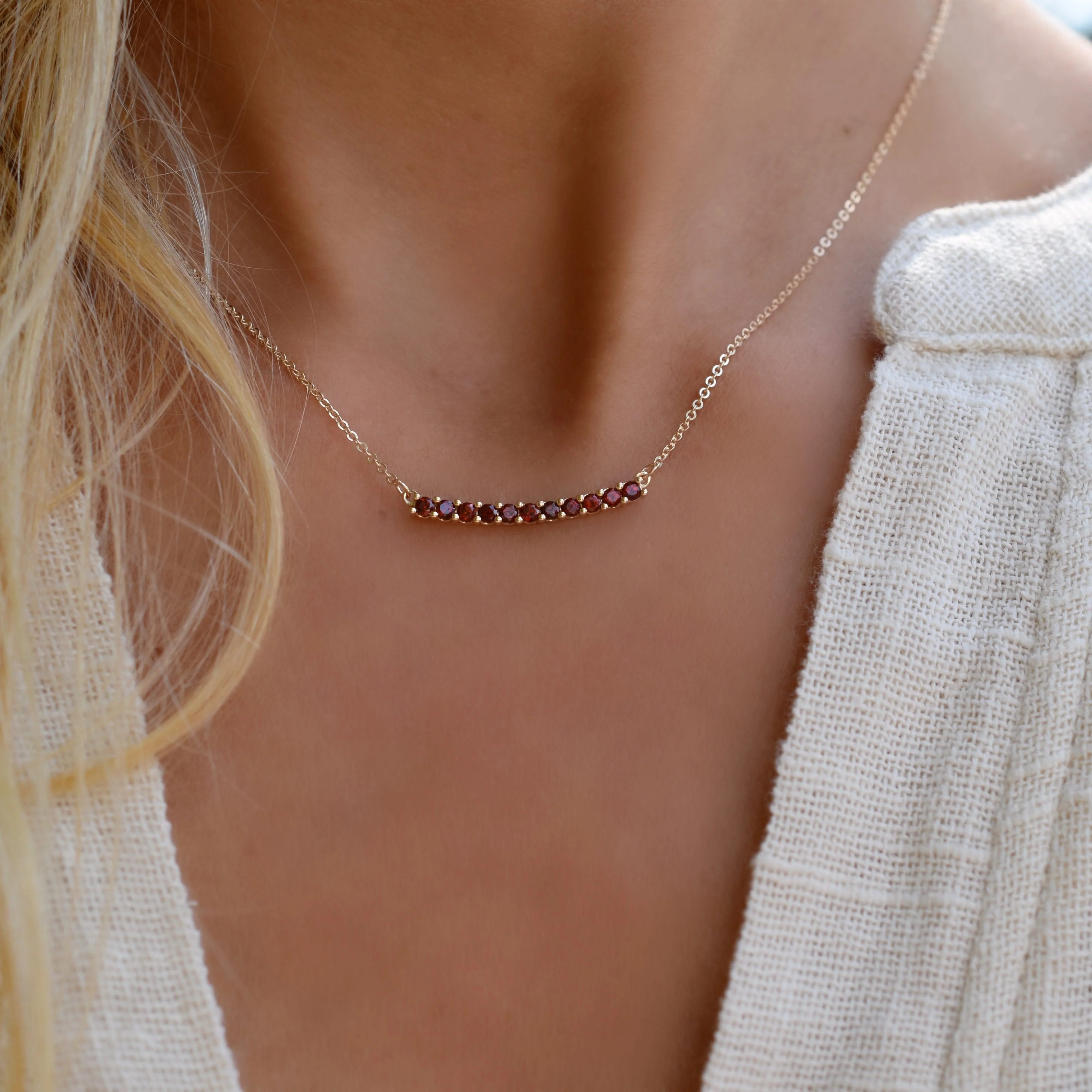 Rosecliff Garnet Bar Necklace and Huggie Hoop Earrings Set in 14k Gold (January) - Image 10
