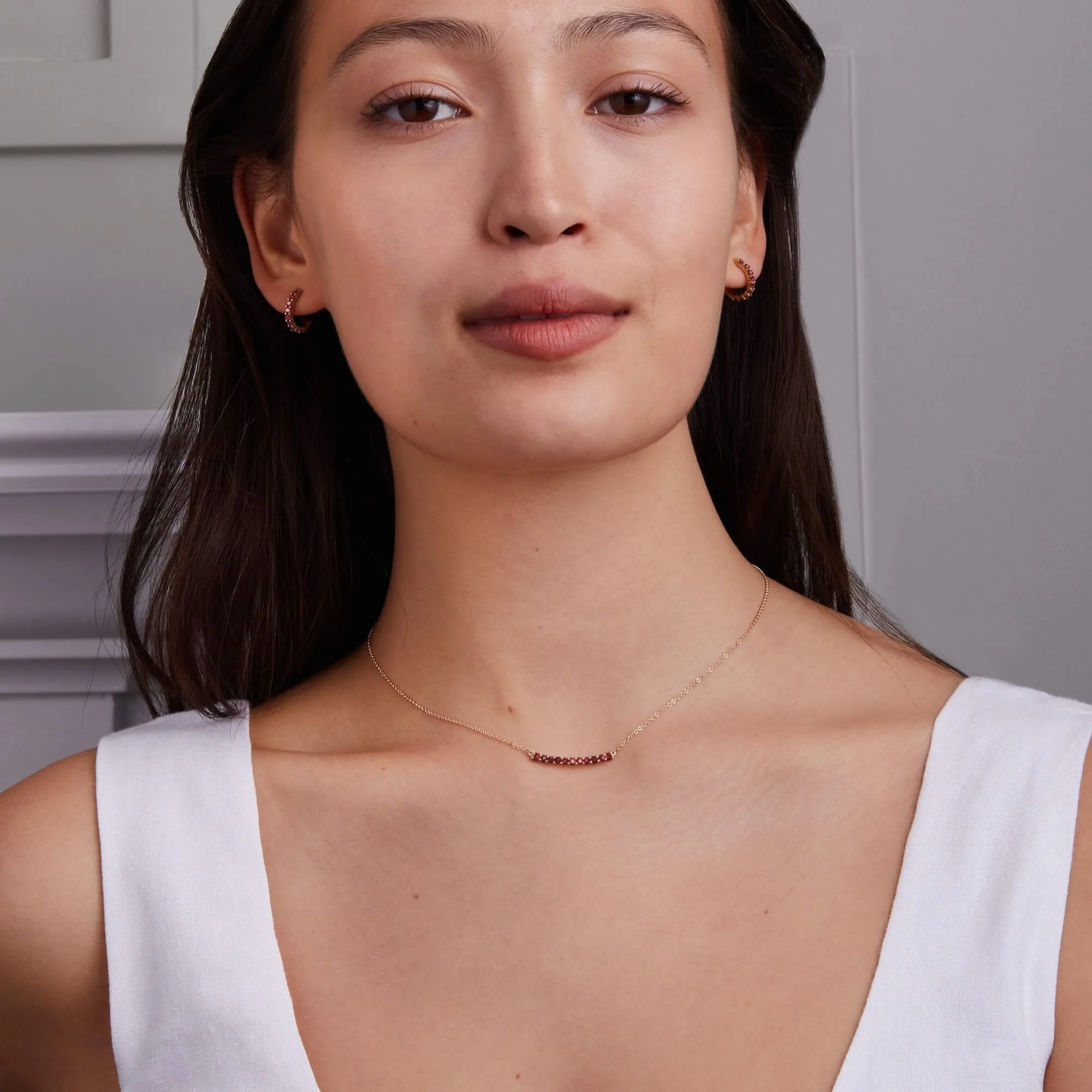Rosecliff Garnet Bar Necklace and Huggie Hoop Earrings Set in 14k Gold (January) - Image 2