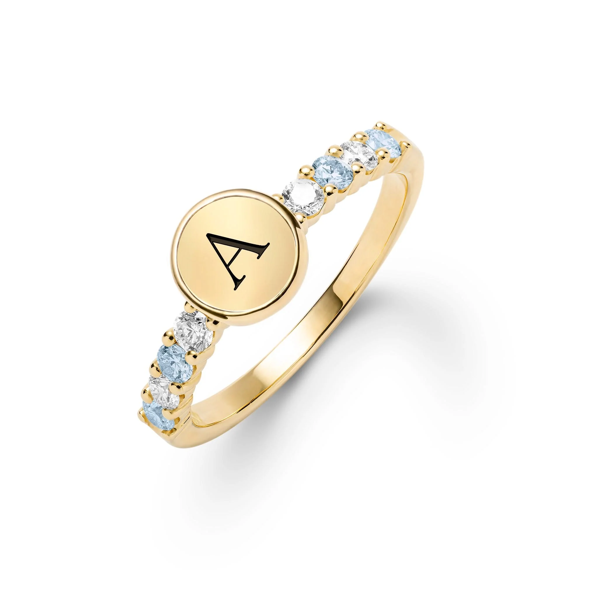 Rosecliff Letter Diamond & Nantucket Blue Topaz Ring in 14k Gold (December)