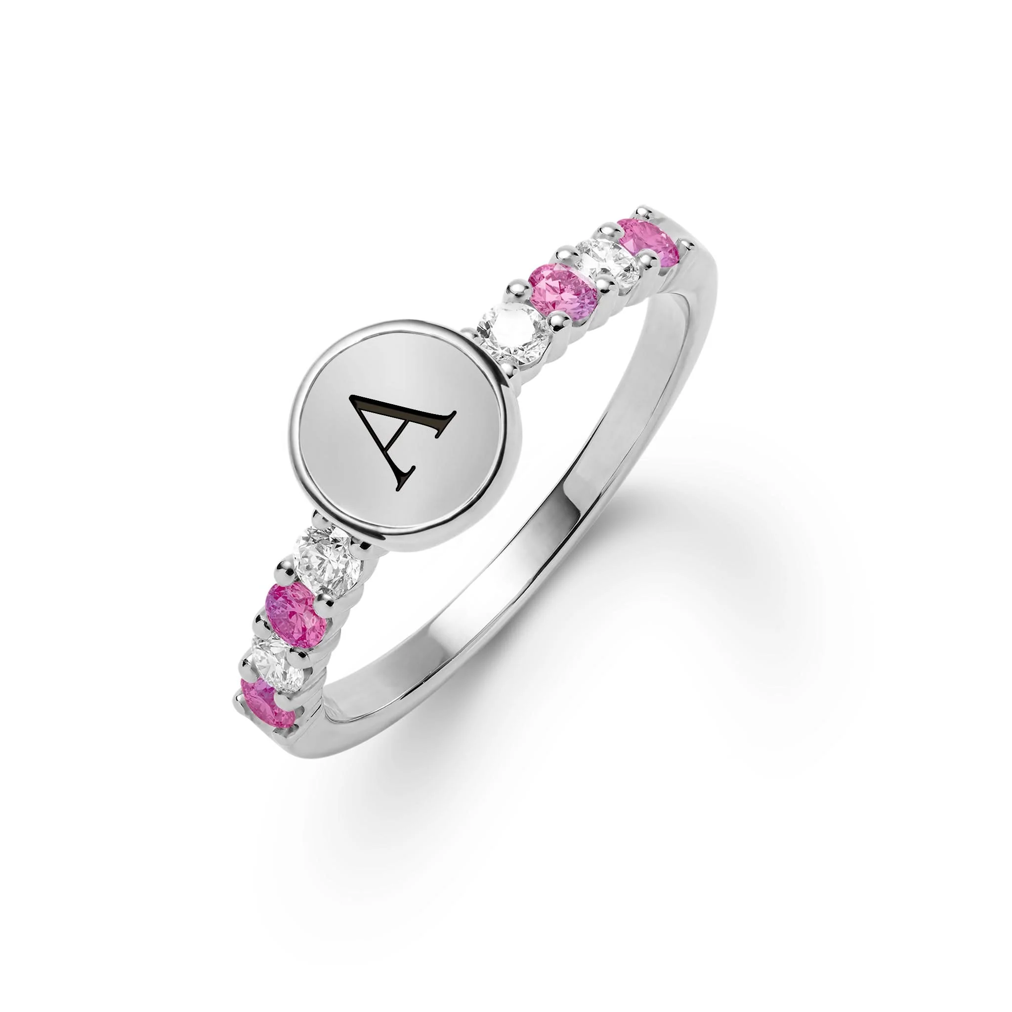 Rosecliff Letter Diamond & Pink Sapphire Ring in 14k Gold (October) - Image 7