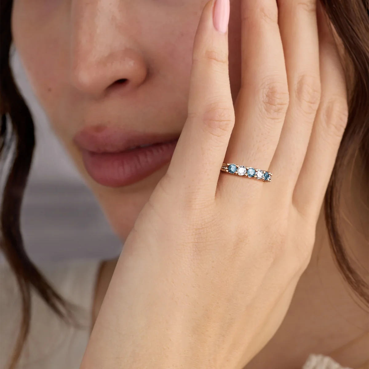 Rosecliff Luxe Diamond & Nantucket Blue Topaz Stackable Ring in 14k Gold (December) - Image 3