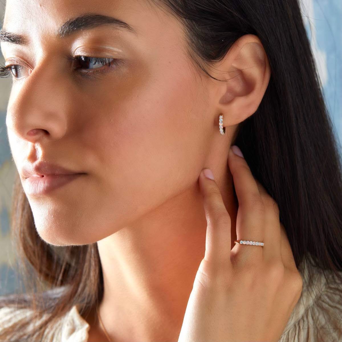 Rosecliff Opal Huggie Hoop Earrings in 14k Gold (October) - Image 2