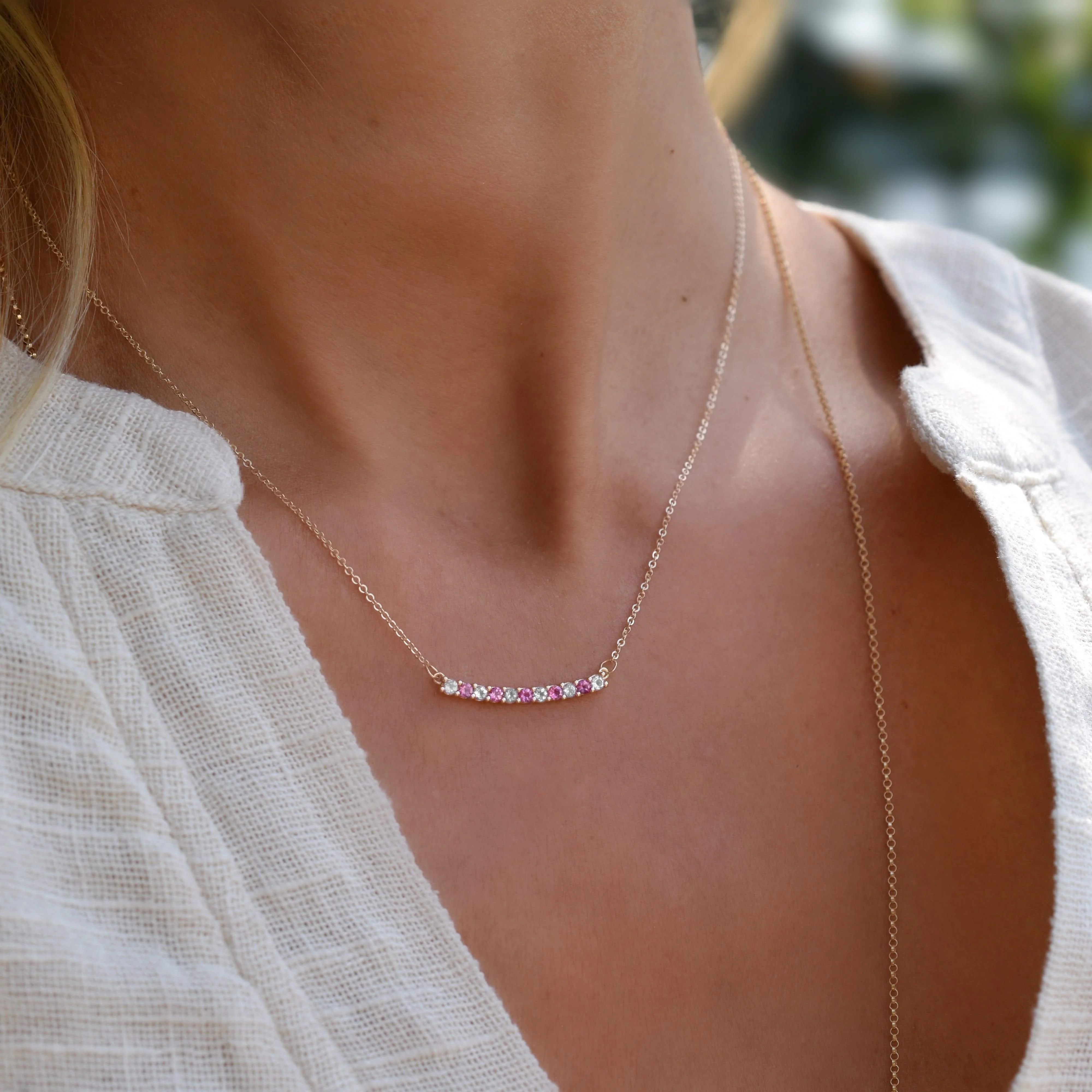 Rosecliff Diamond & Pink Sapphire Bar Necklace in 14k Gold (October) - Image 6