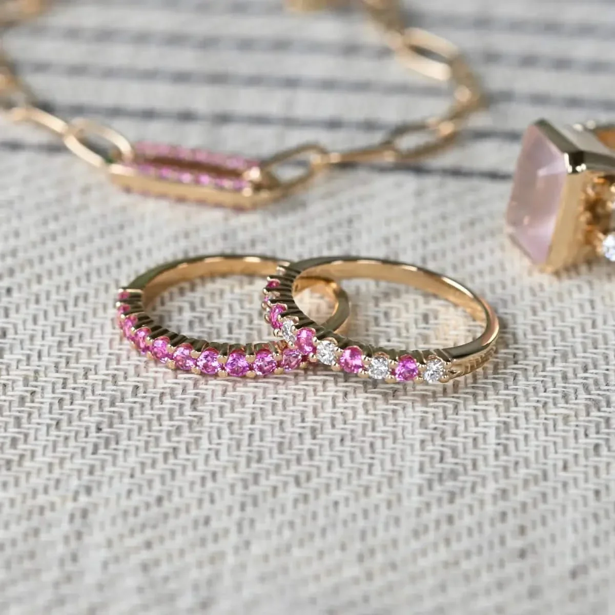 Rosecliff Diamond & Pink Sapphire Stackable Ring in 14k Gold (October) - Image 9