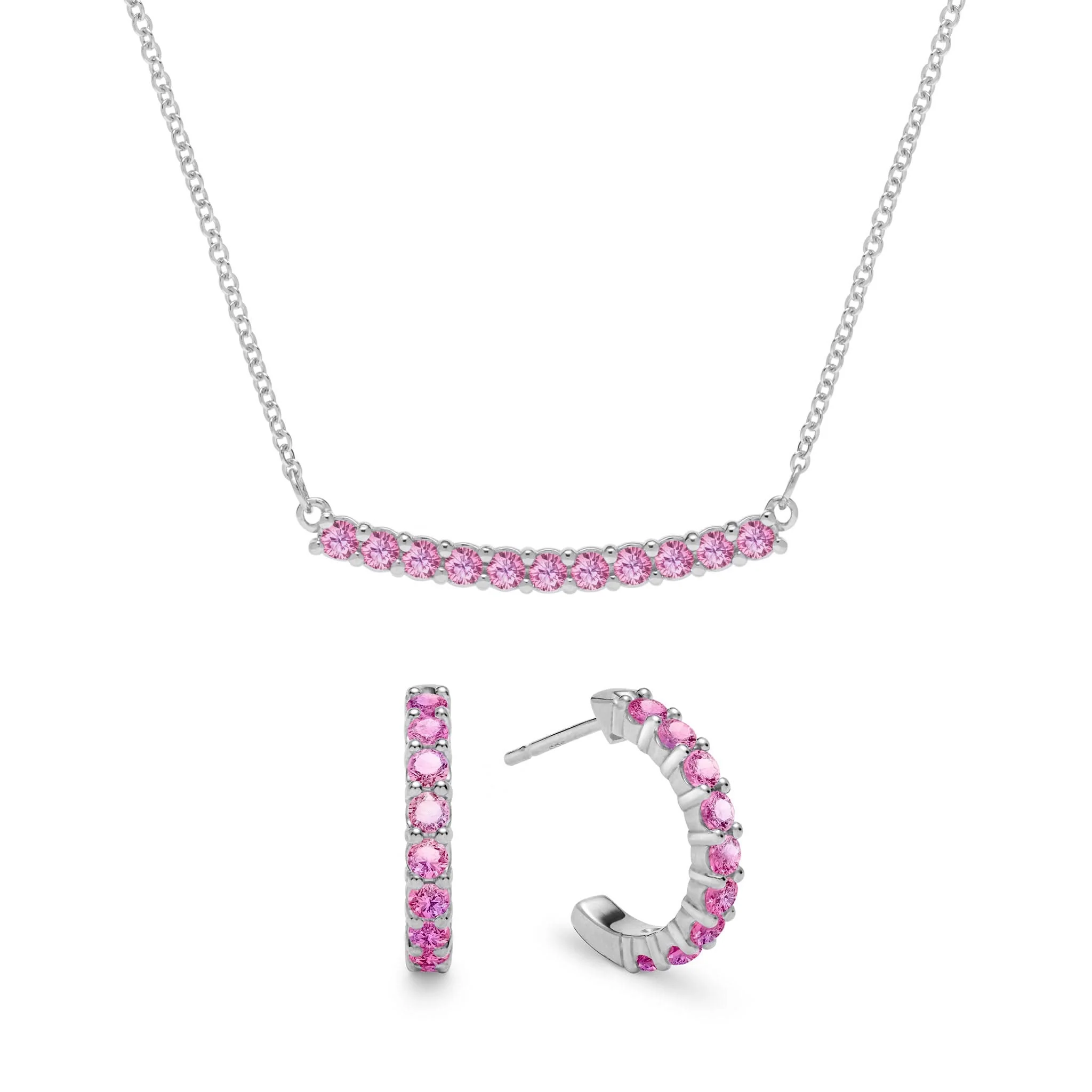 Rosecliff Pink Sapphire Bar Necklace and Huggie Hoop Earrings Set in 14k Gold (October) - Image 8