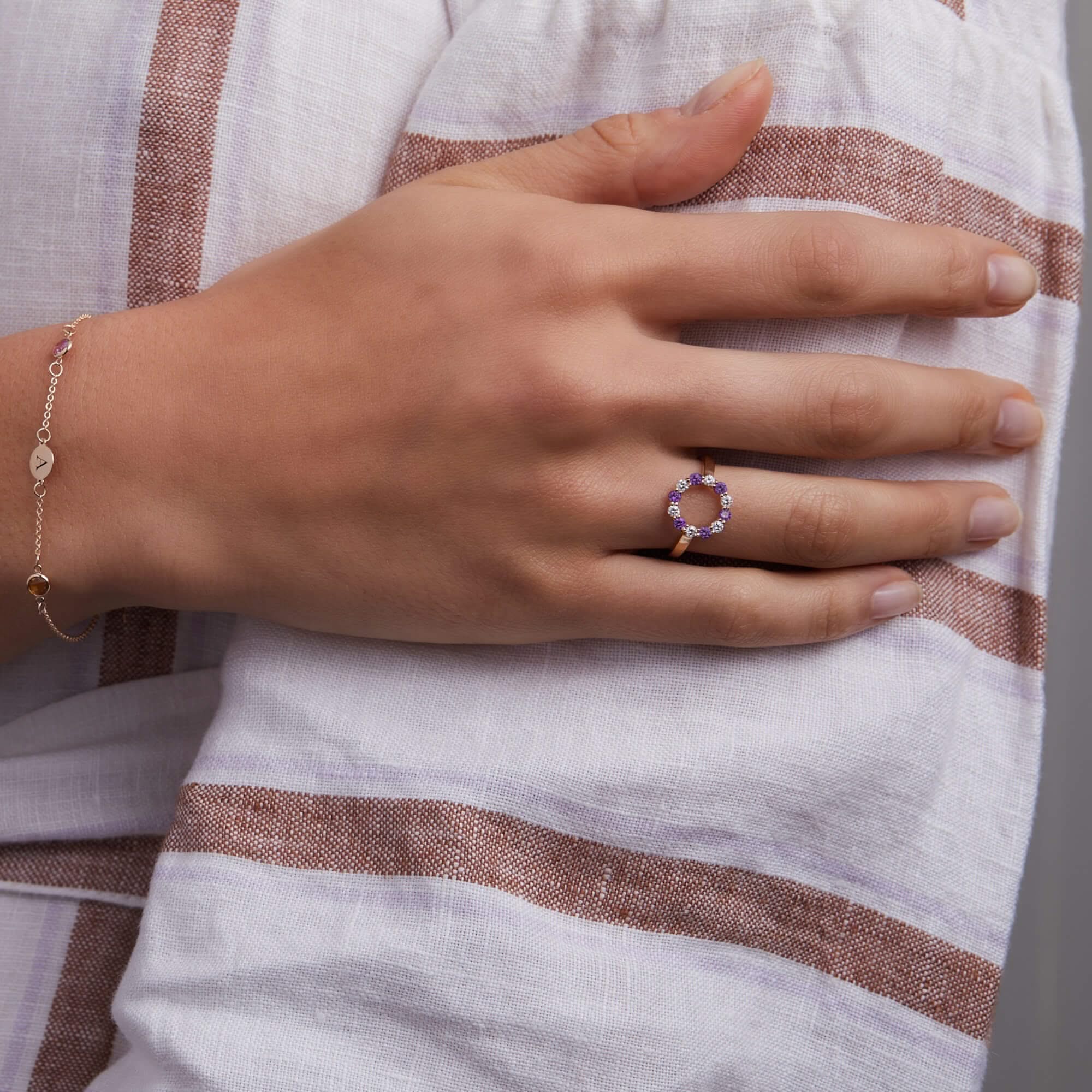 Rosecliff Small Circle Diamond & Amethyst Ring in 14k Gold (February) - Image 3