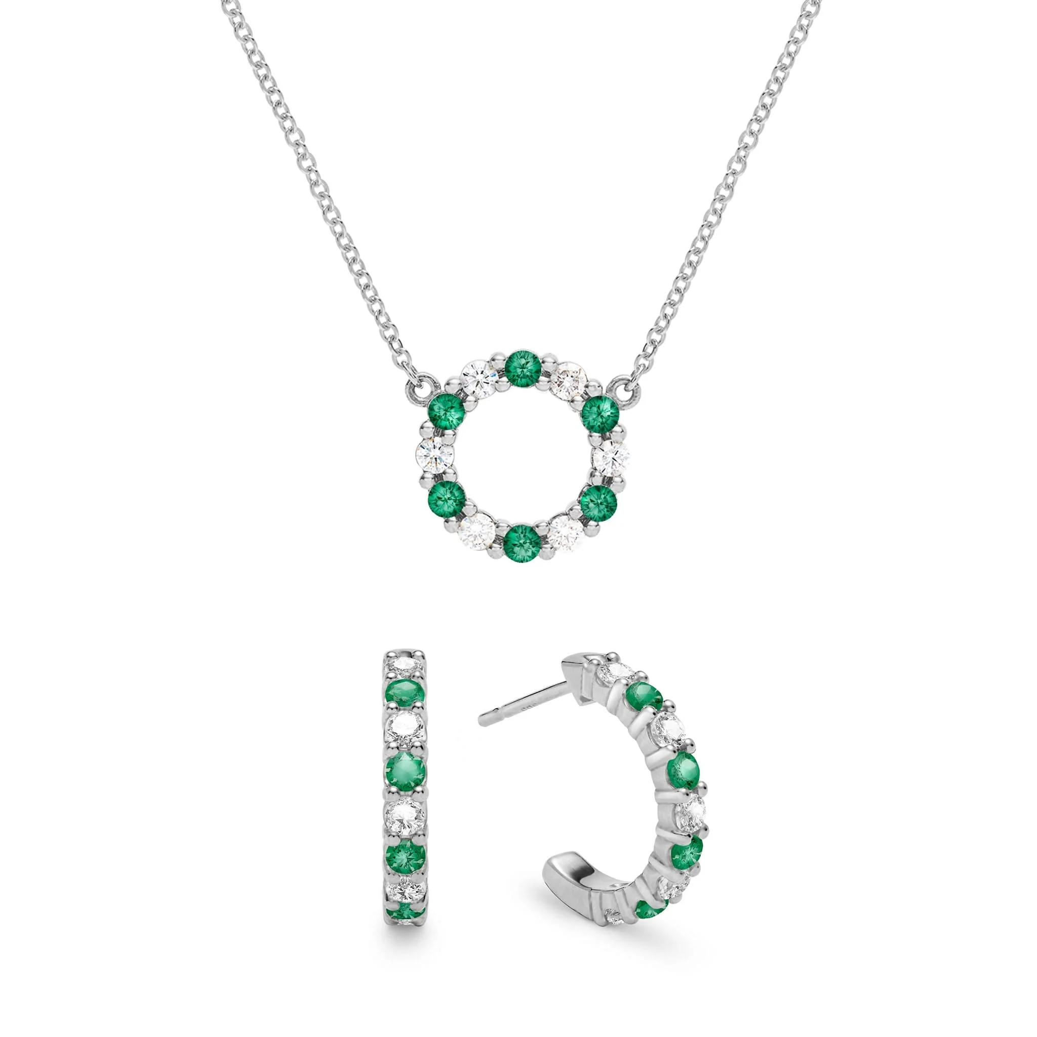 Rosecliff Small Circle Diamond & Emerald Necklace and Huggie Hoop Earrings Set in 14k Gold (May) - Image 8