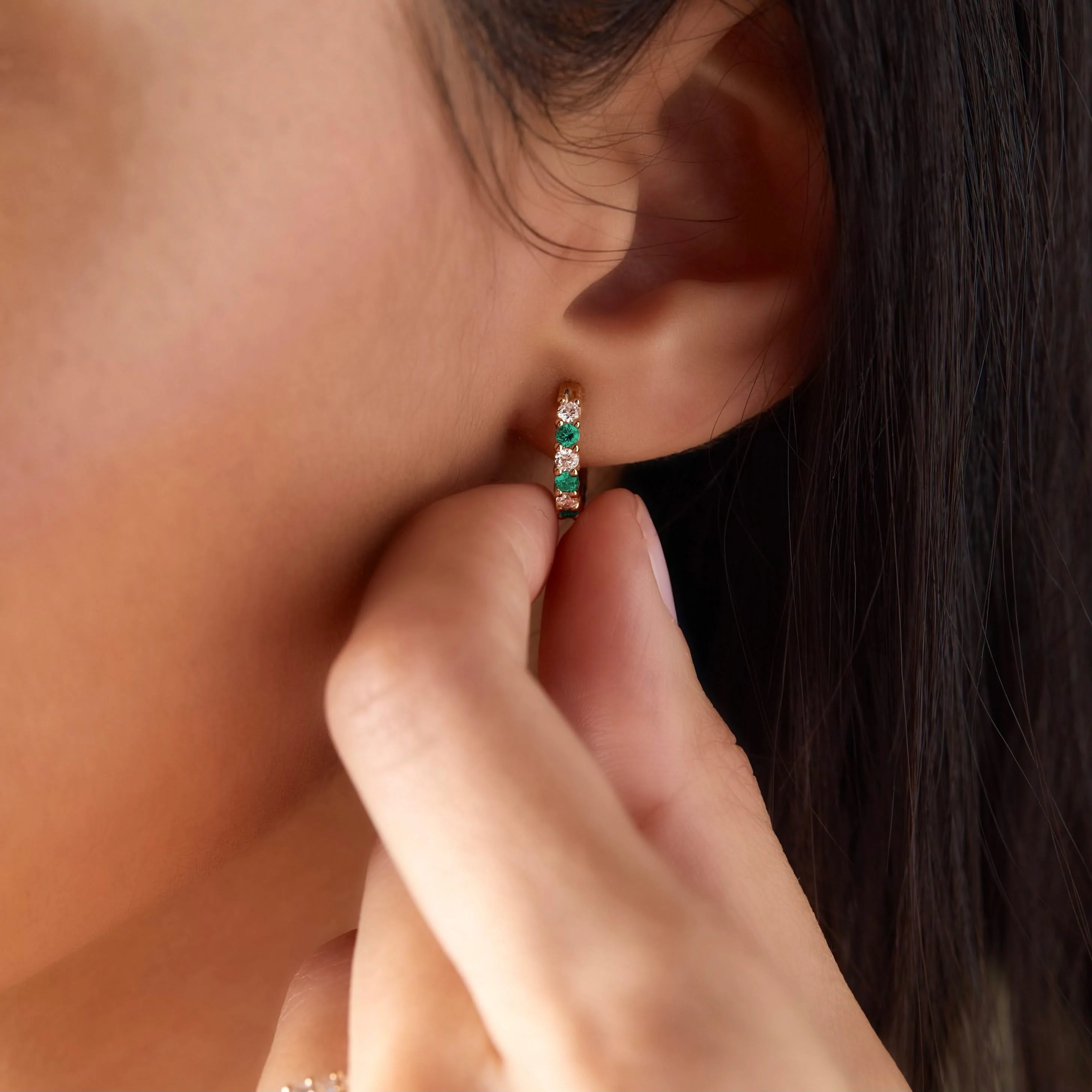 Rosecliff Diamond & Emerald Huggie Hoop Earrings in 14k Gold (May) - Image 3