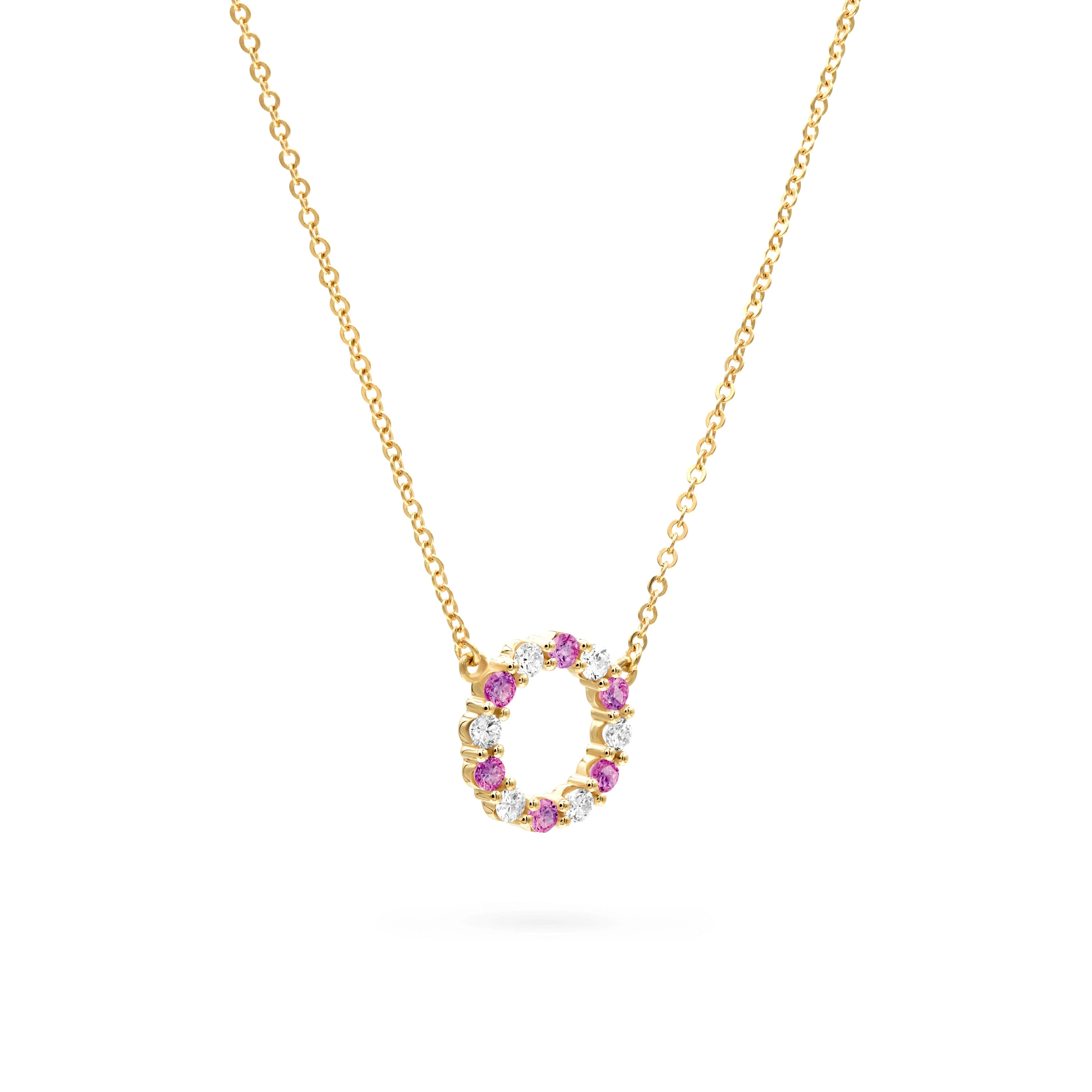 Rosecliff Small Circle Diamond & Pink Sapphire Necklace in 14k Gold (October) - Image 5