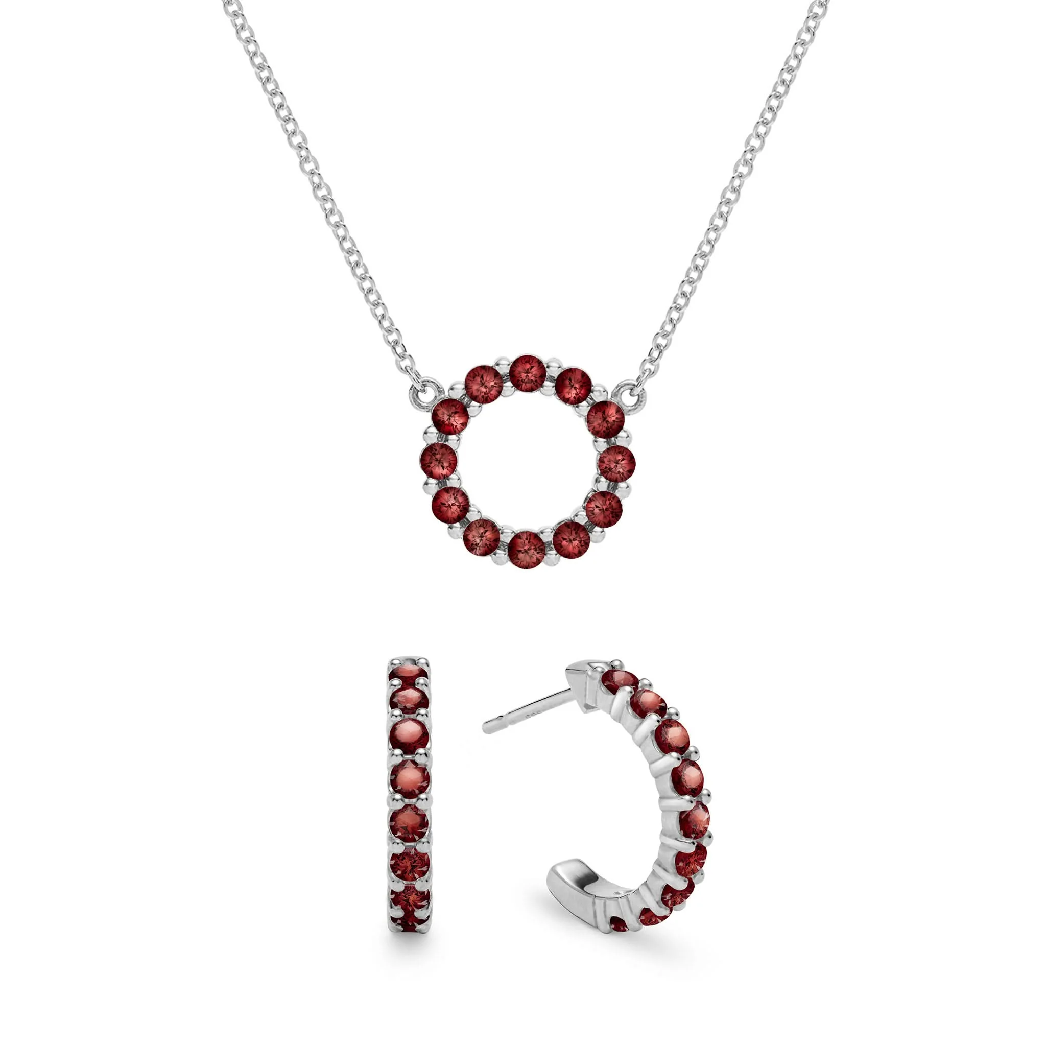 Rosecliff Small Circle Garnet Necklace and Huggie Hoop Earrings Set in 14k Gold (January) - Image 8