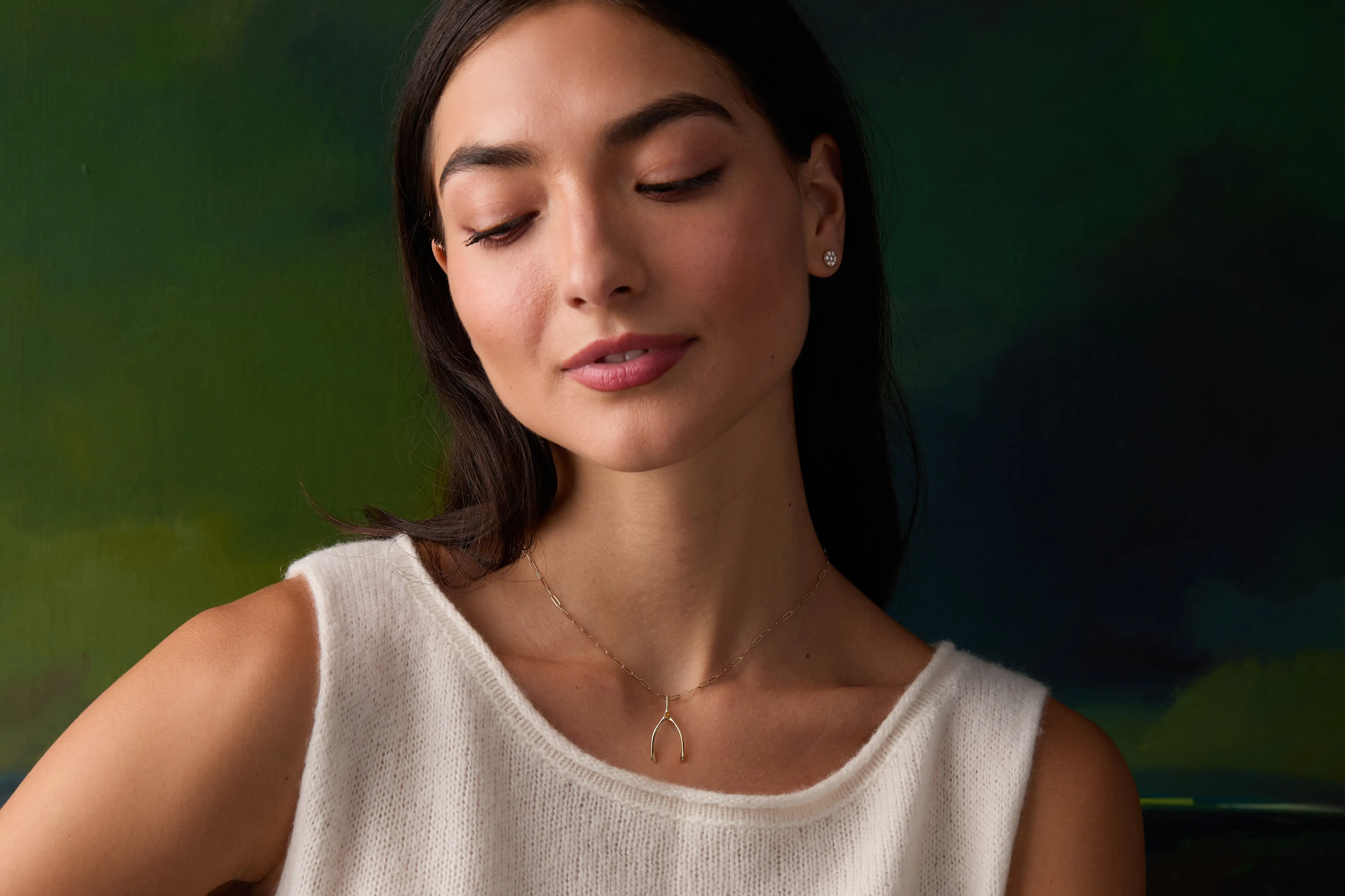 Small Citrine Wishbone Pendant in Solid 14k Gold (November) - Image 2
