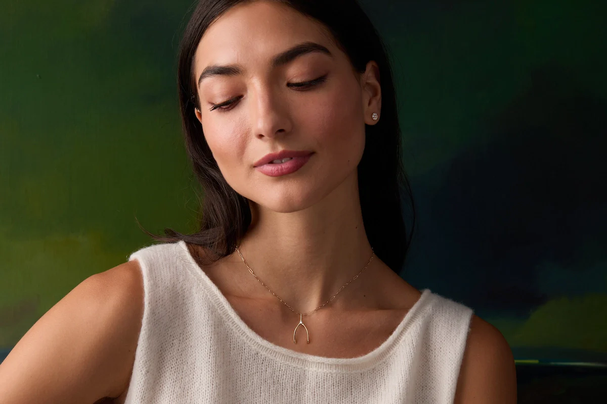 Small White Topaz Wishbone Pendant in Solid 14k Gold (April) - Image 2
