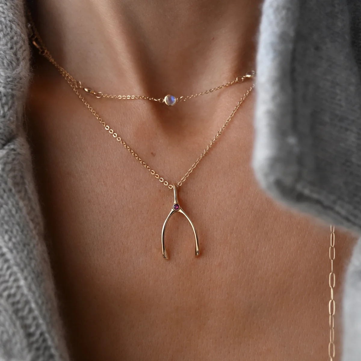 Small Wishbone Birthstone Pendant in 14K Gold - Image 3