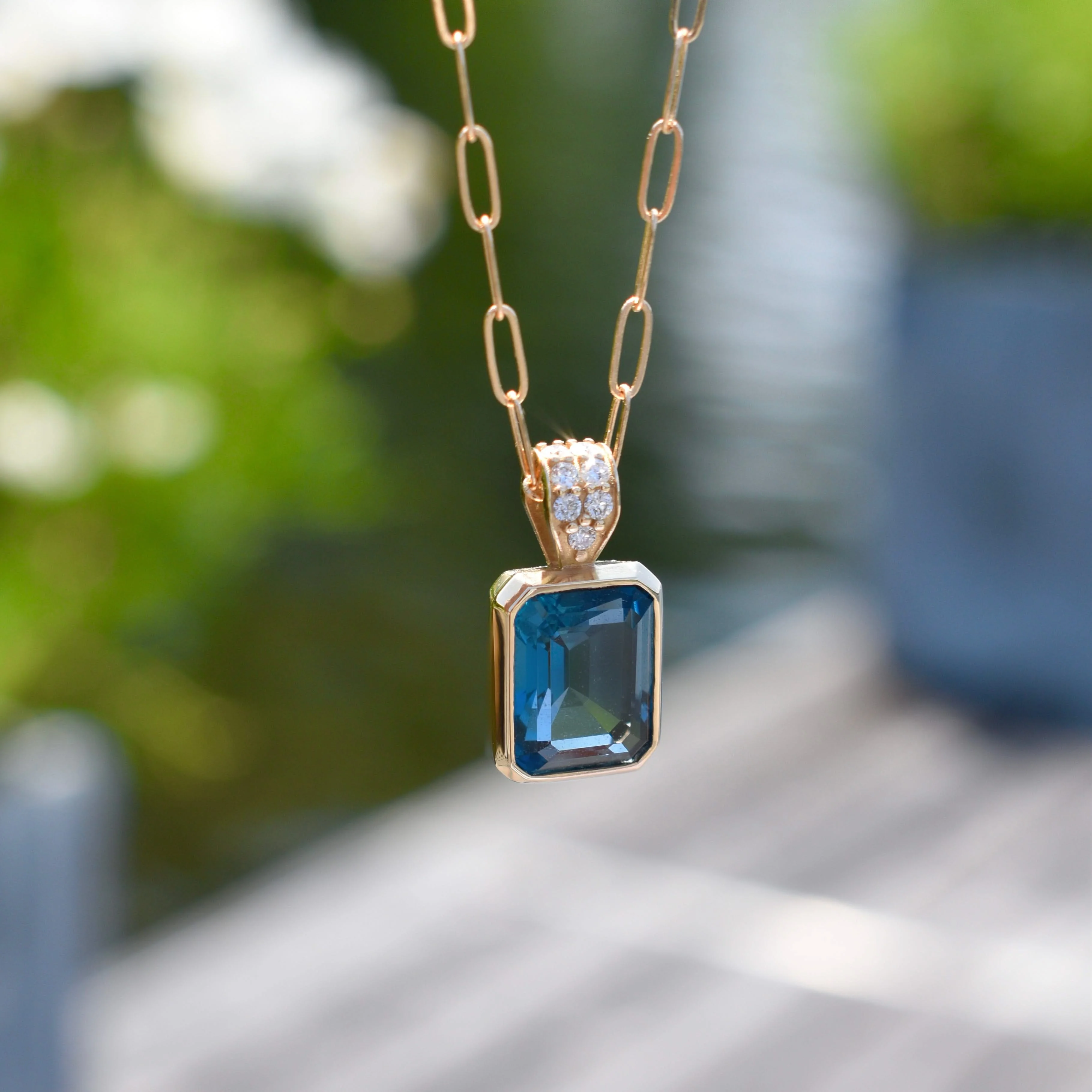 Warren Atlantic Blue Topaz Pendant with Diamond Bail in 14k Gold (December) - Image 6