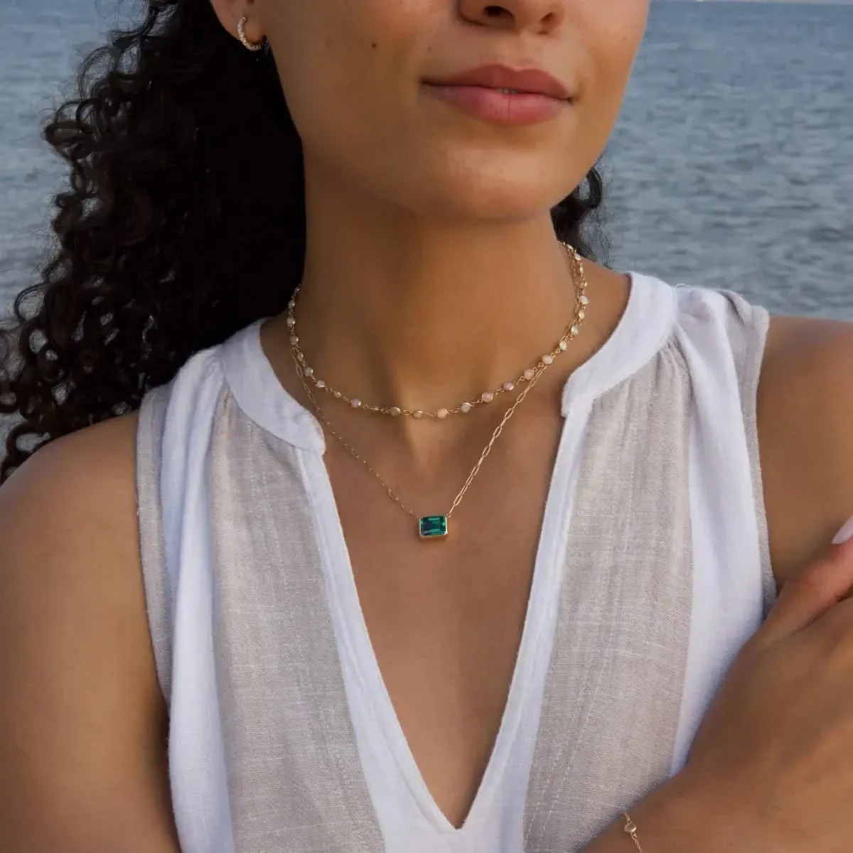 Warren Emerald Necklace on Adelaide Mini Chain in 14k Gold (May) - Image 2
