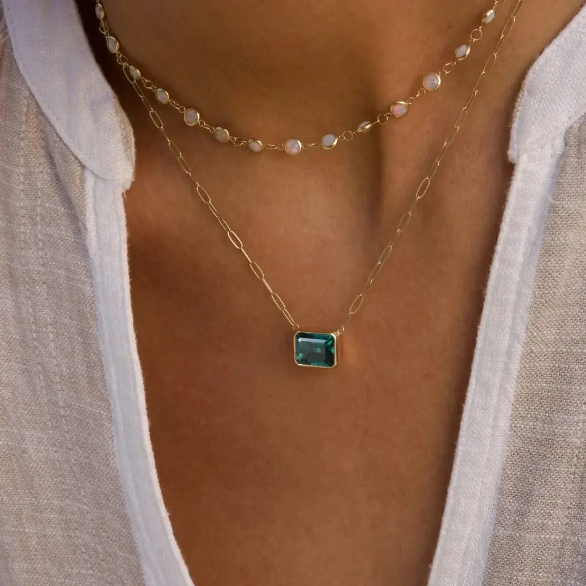 Warren Emerald Necklace on Adelaide Mini Chain in 14k Gold (May) - Image 3