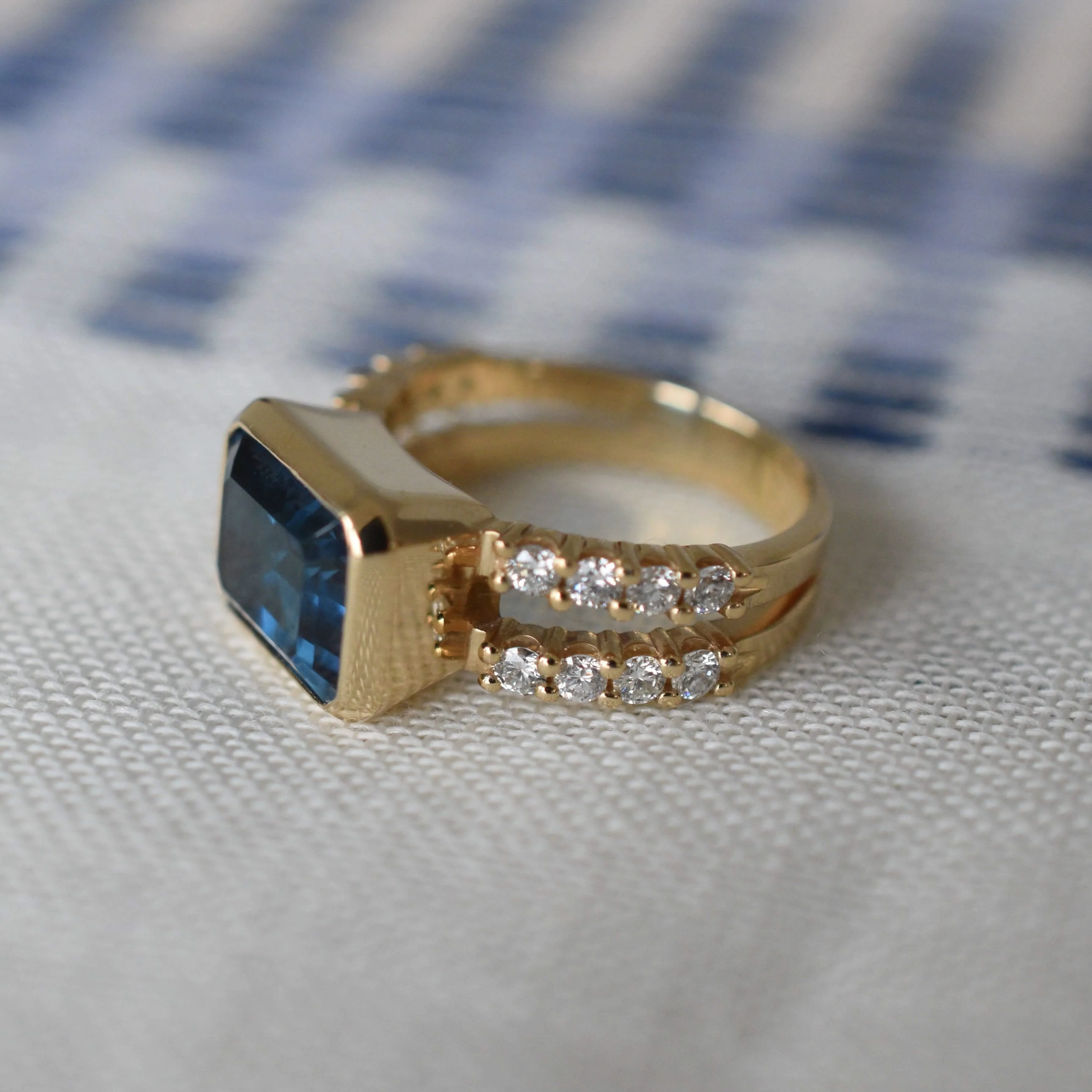Warren Horizontal Atlantic Blue Topaz Ring with Diamonds in 14k Gold (December) - Image 11