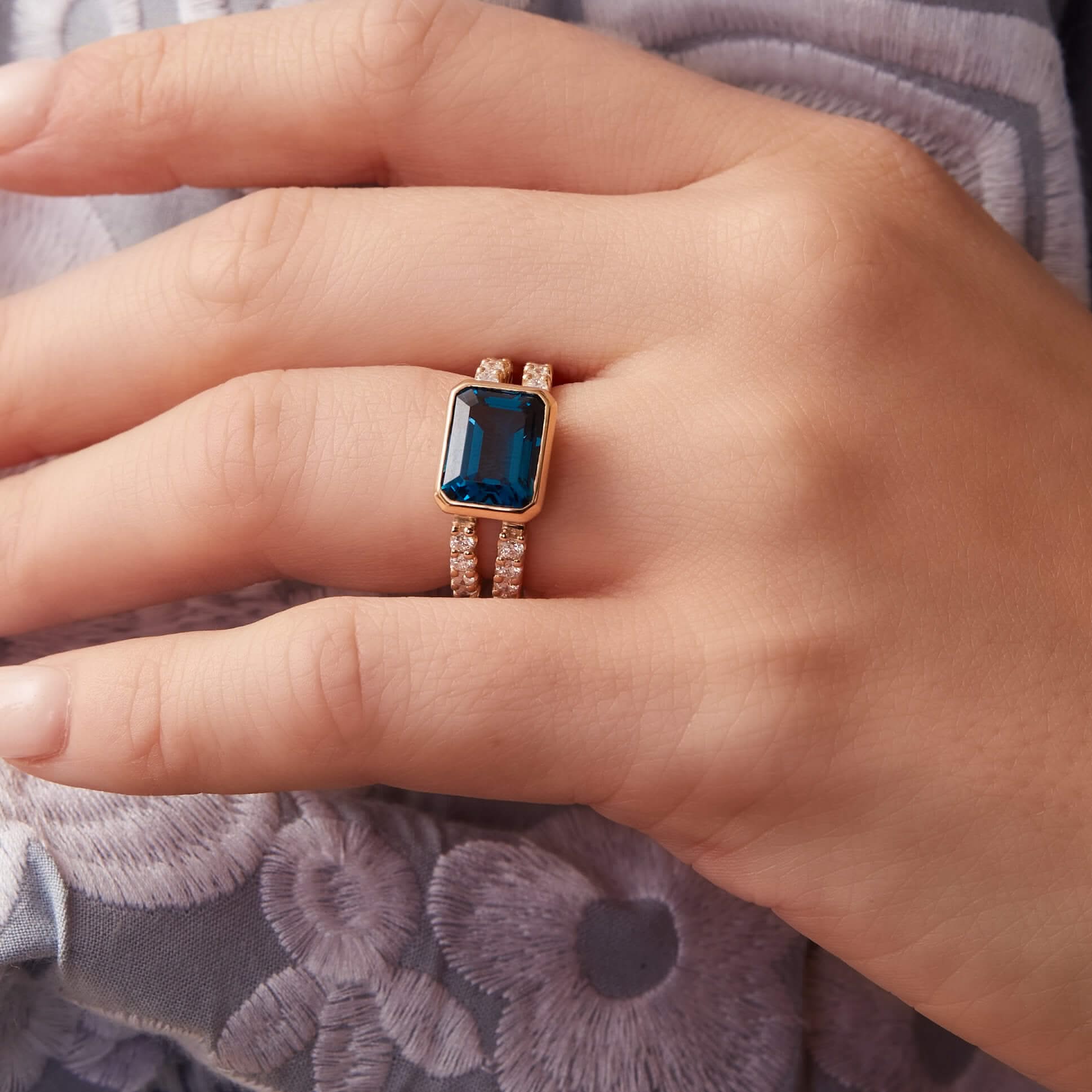 Warren Horizontal Atlantic Blue Topaz Ring with Diamonds in 14k Gold (December) - Image 12