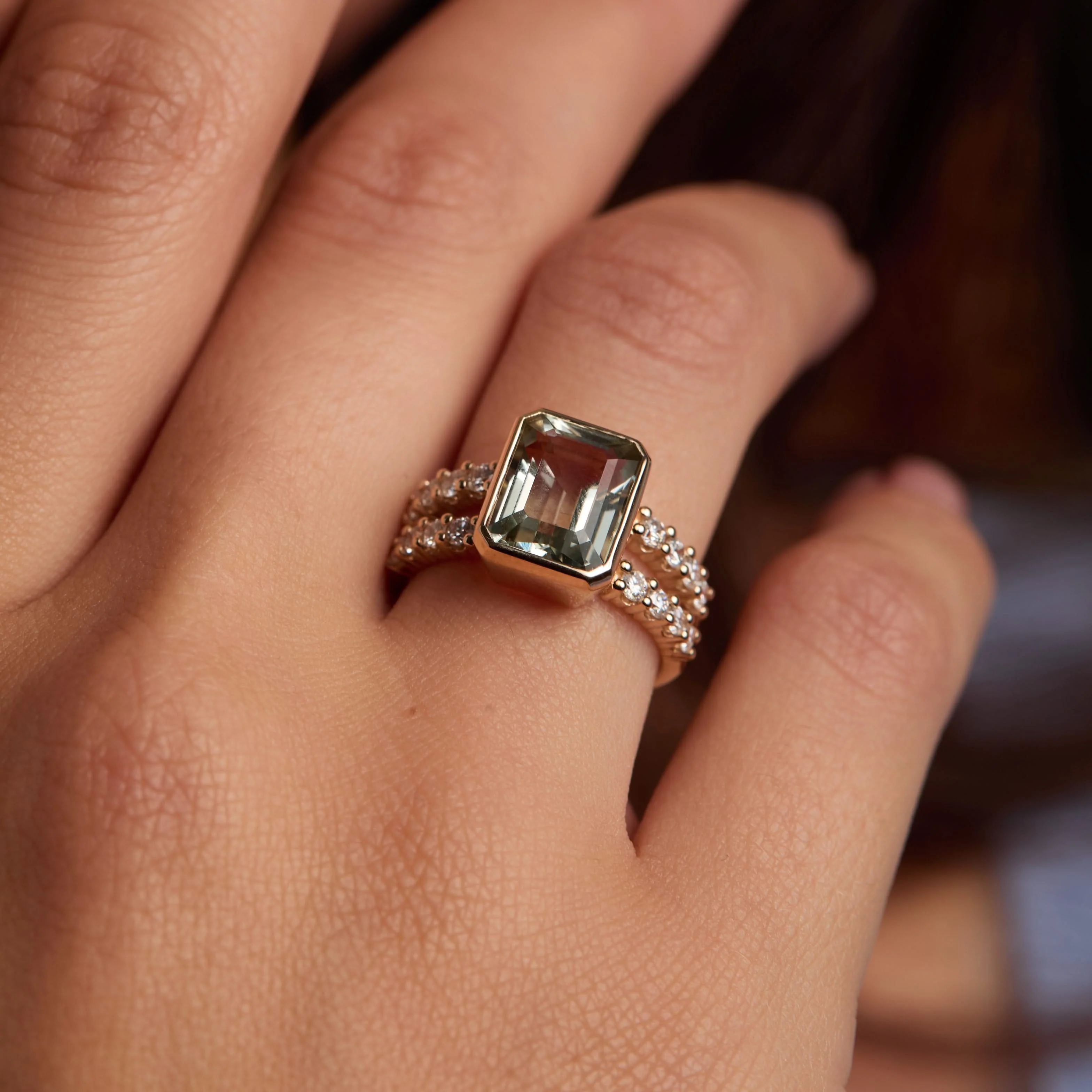 Warren Vertical Green Amethyst Ring with Diamonds in 14k Gold (February) - Image 3