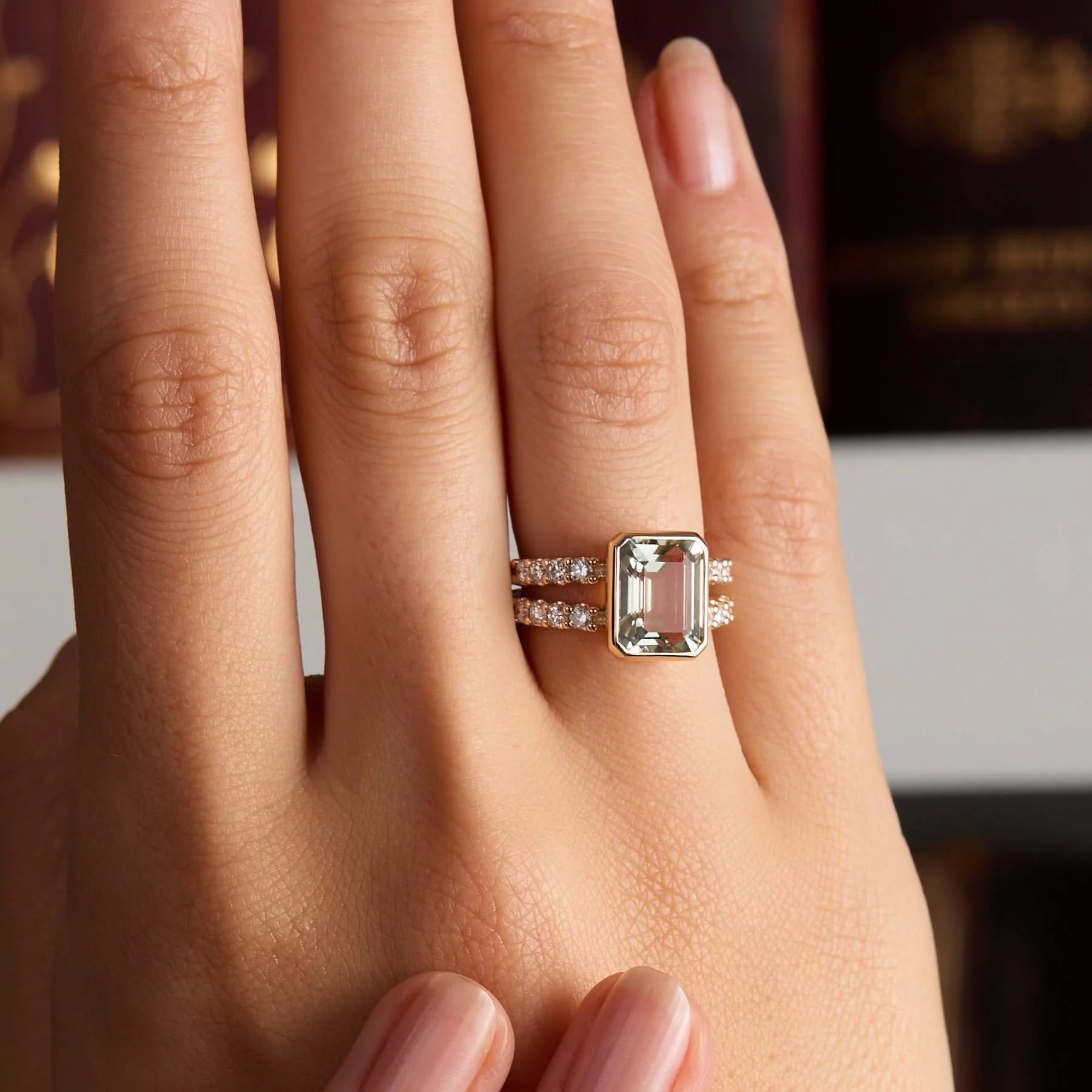 Warren Vertical Green Amethyst Ring with Diamonds in 14k Gold (February) - Image 9