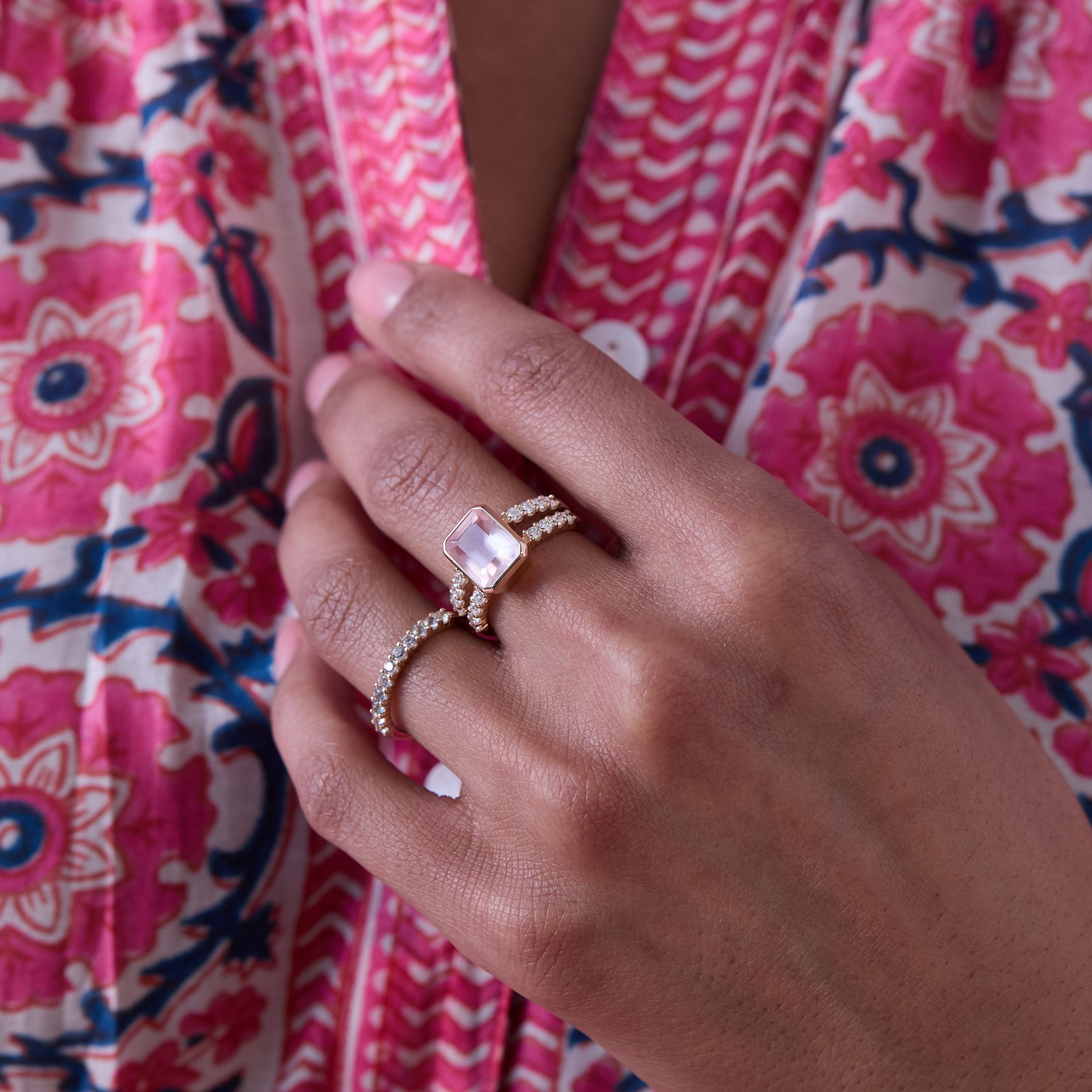 Warren Vertical Rose Quartz Ring with Diamonds in 14k Gold (October) - Image 10