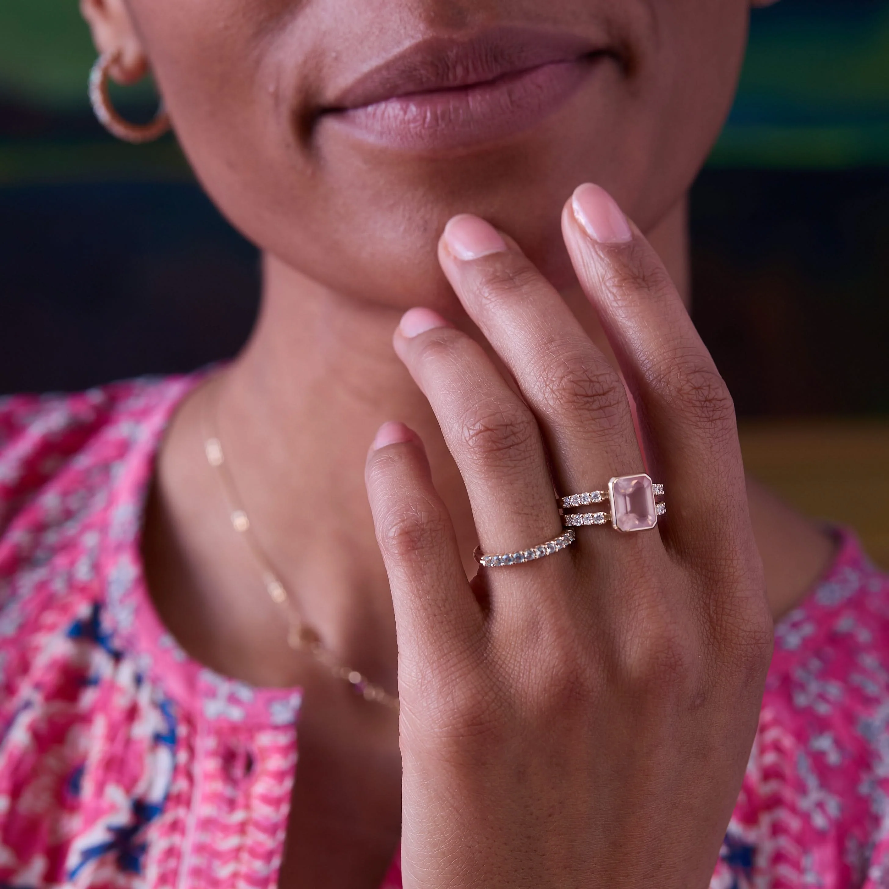 Warren Vertical Rose Quartz Ring with Diamonds in 14k Gold (October) - Image 11
