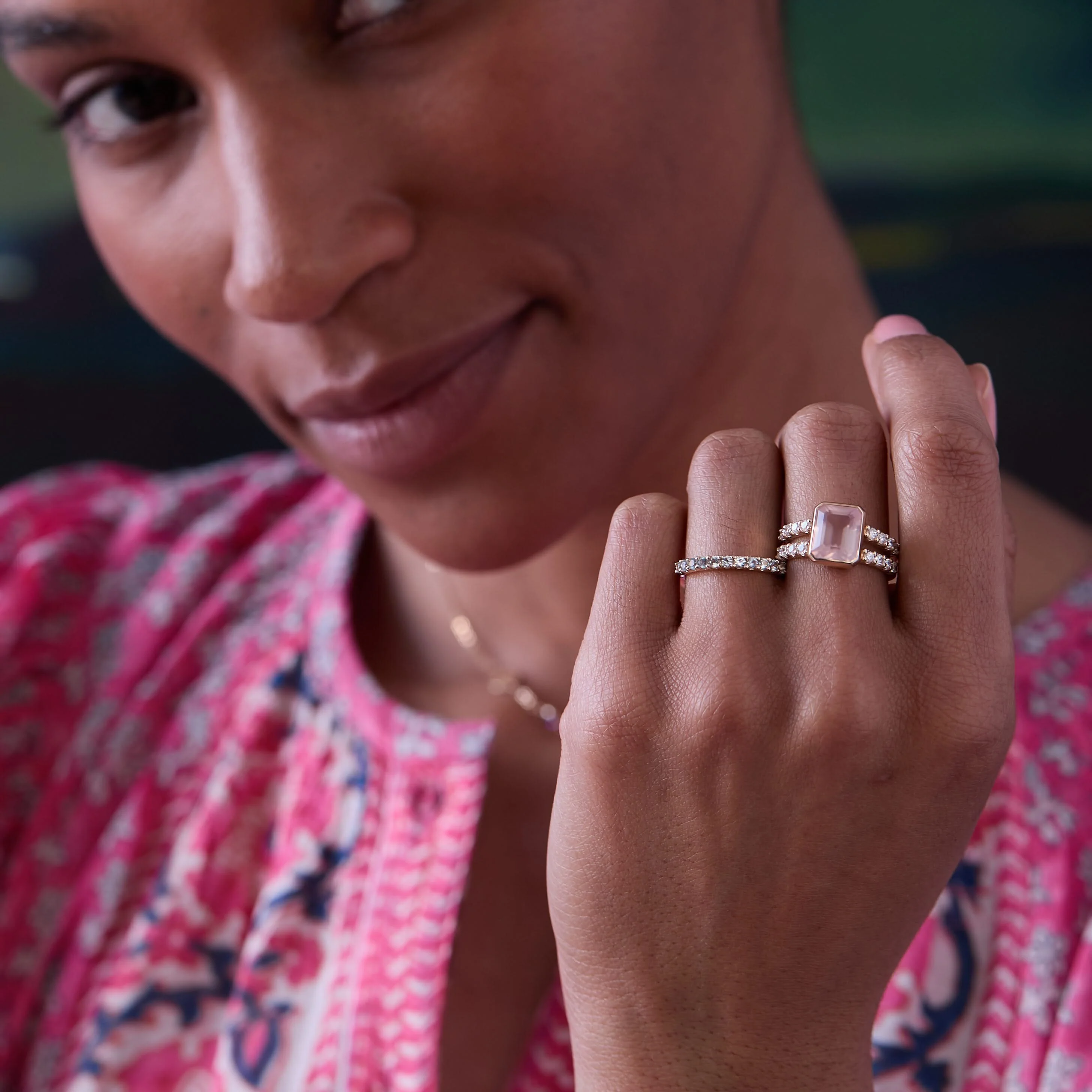 Warren Vertical Rose Quartz Ring with Diamonds in 14k Gold (October) - Image 9